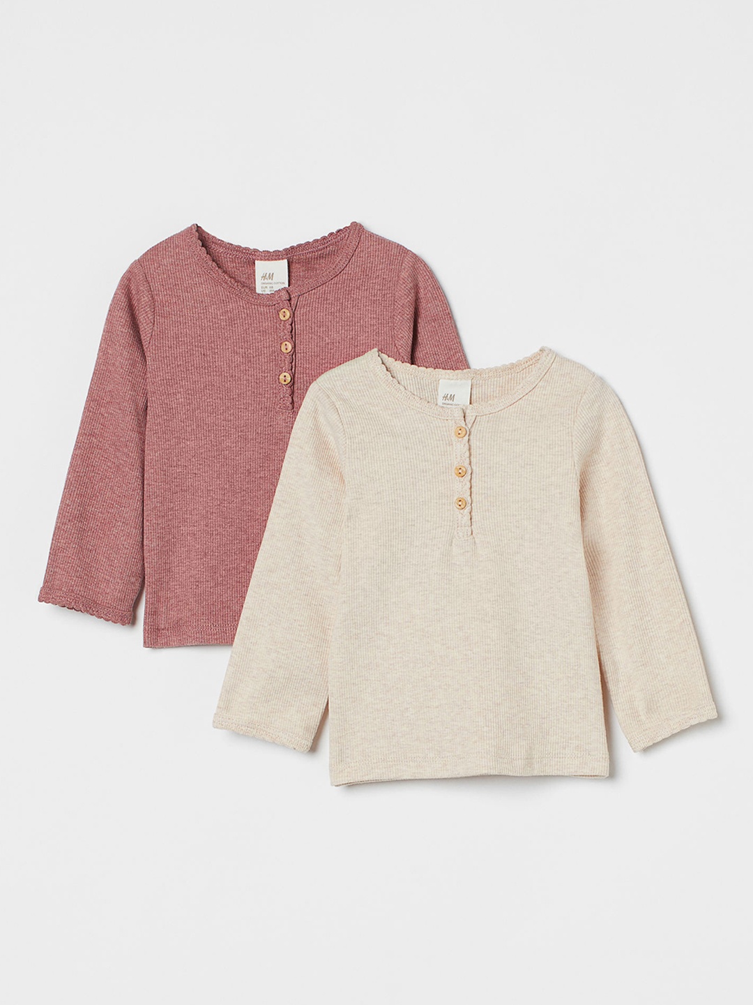 

H&M Girls Pink & Beige Solid 2-Pack Long-Sleeved Tops