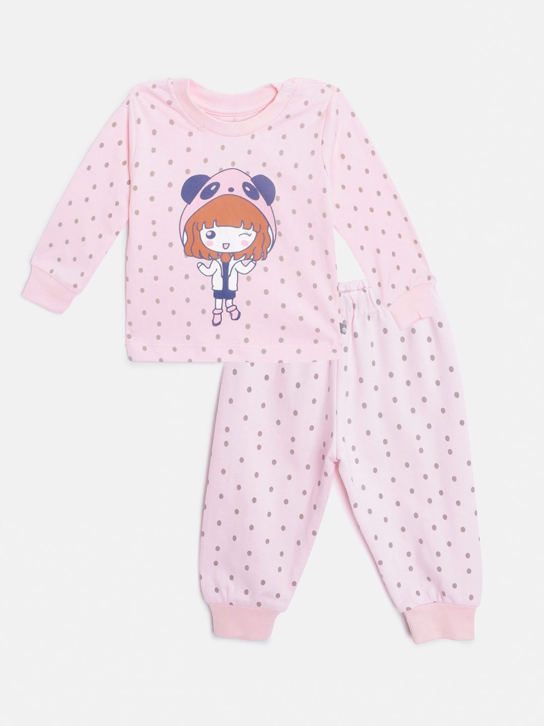 

TINYO Infant Girls Pink & Grey Polka Dots Printed Pure Cotton T-shirt with Joggers