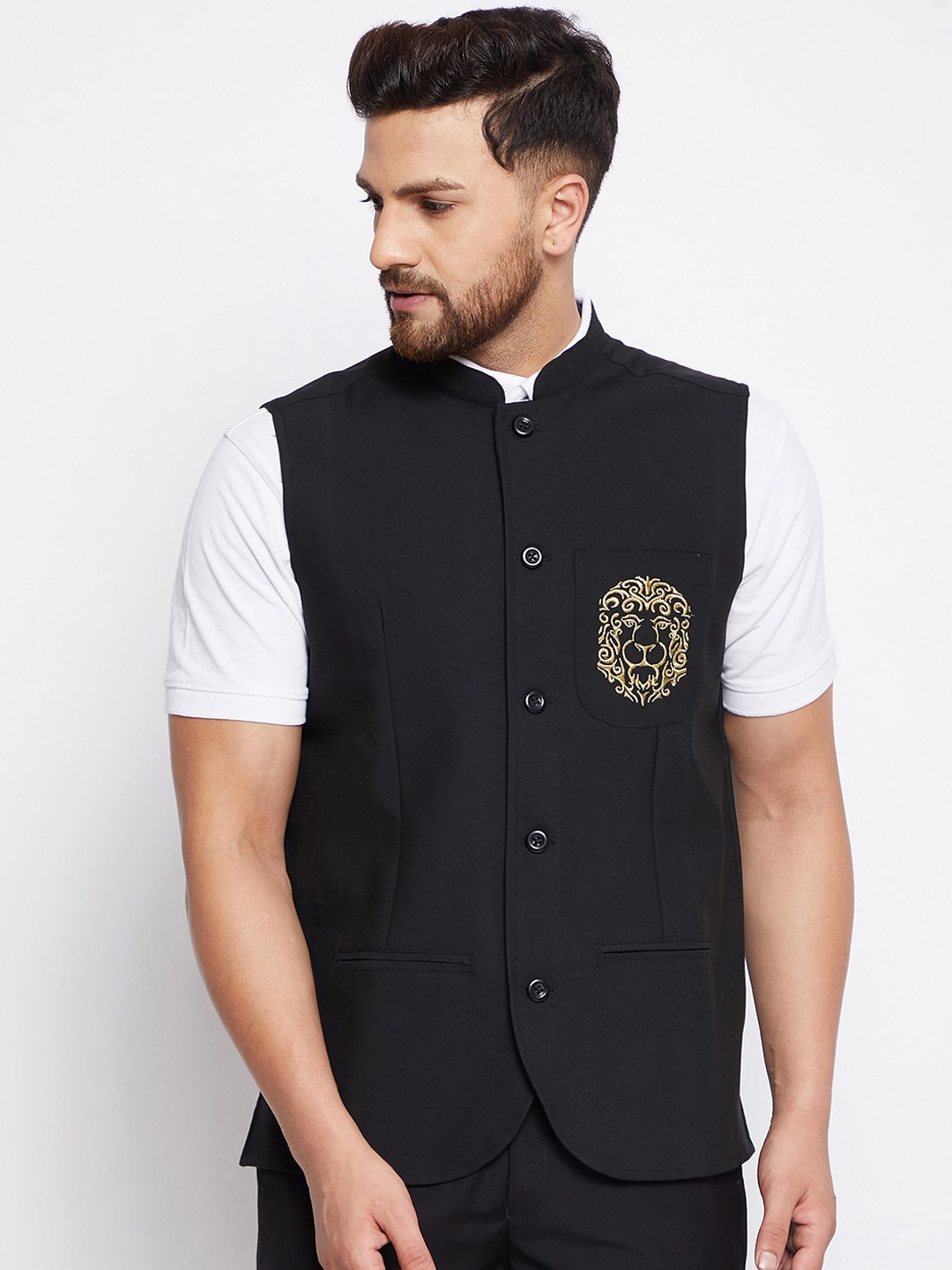 

even Men Black Solid Woven Nehru Jacket