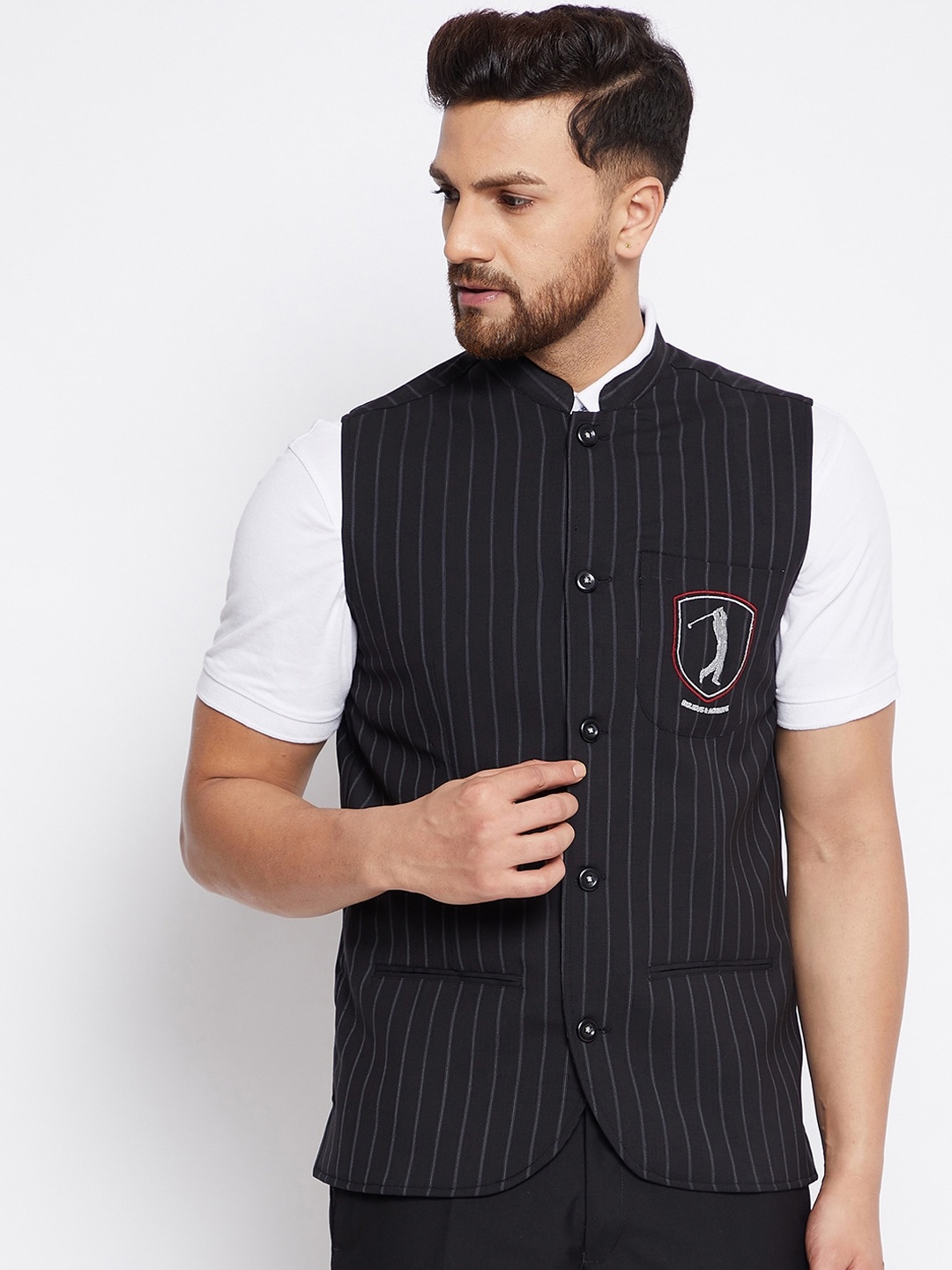 

even Men Black & Grey Striped Woven Nehru Jacket
