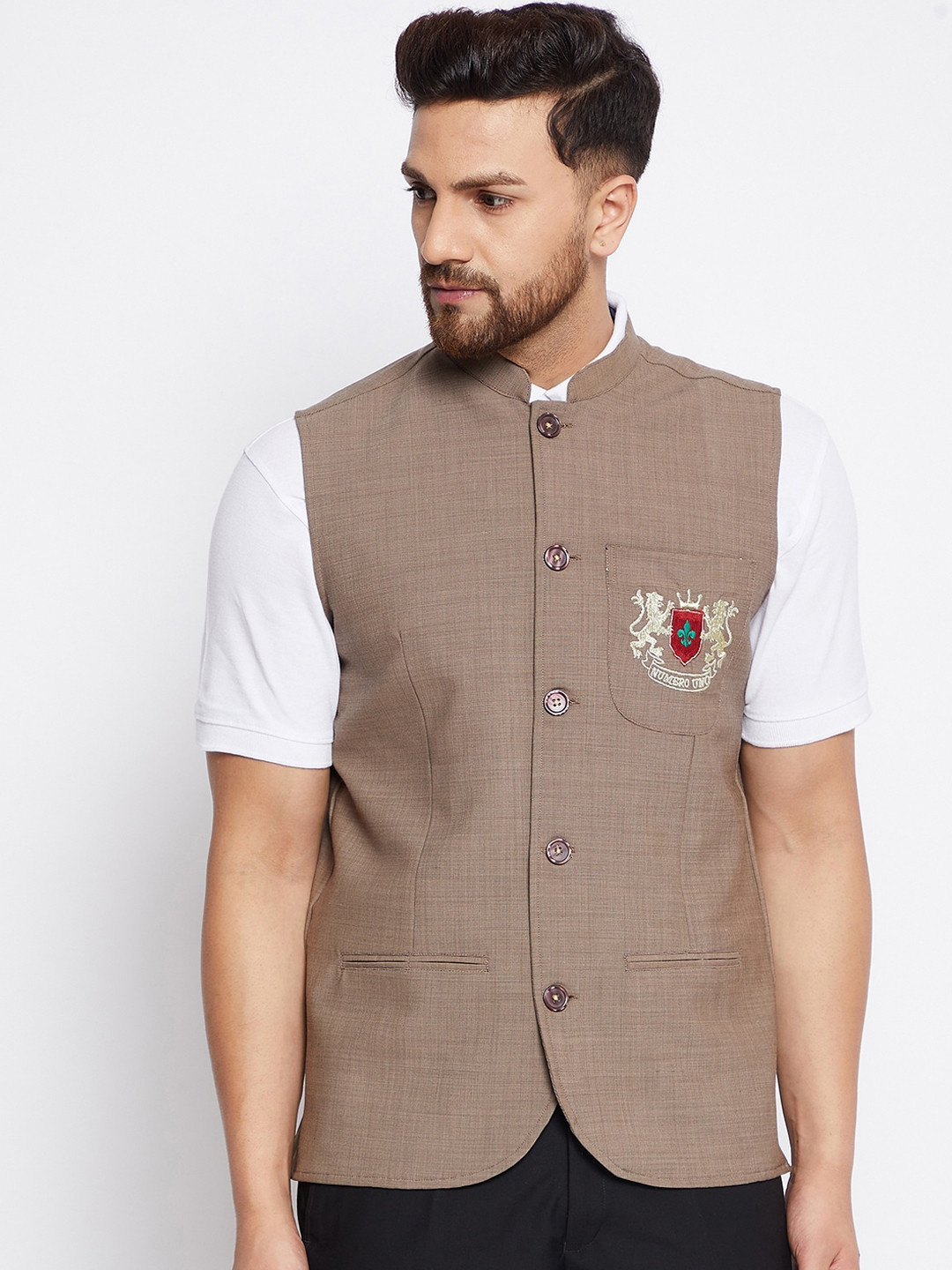 

even Men Brown Solid Woven Nehru Jacket