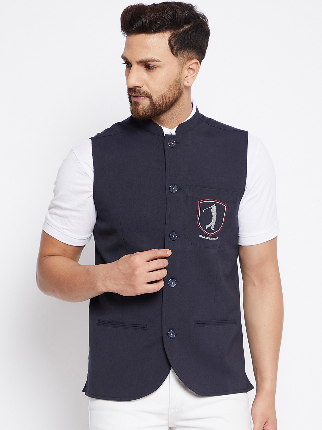 

even Men Navy Blue Solid Woven Nehru Jacket