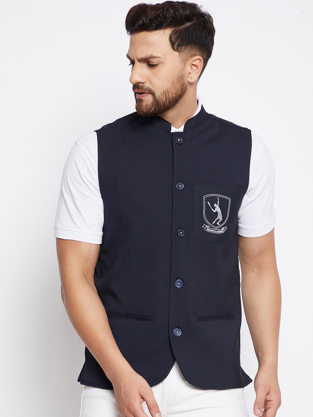 

even Men Navy Blue Solid Woven Nehru Jacket