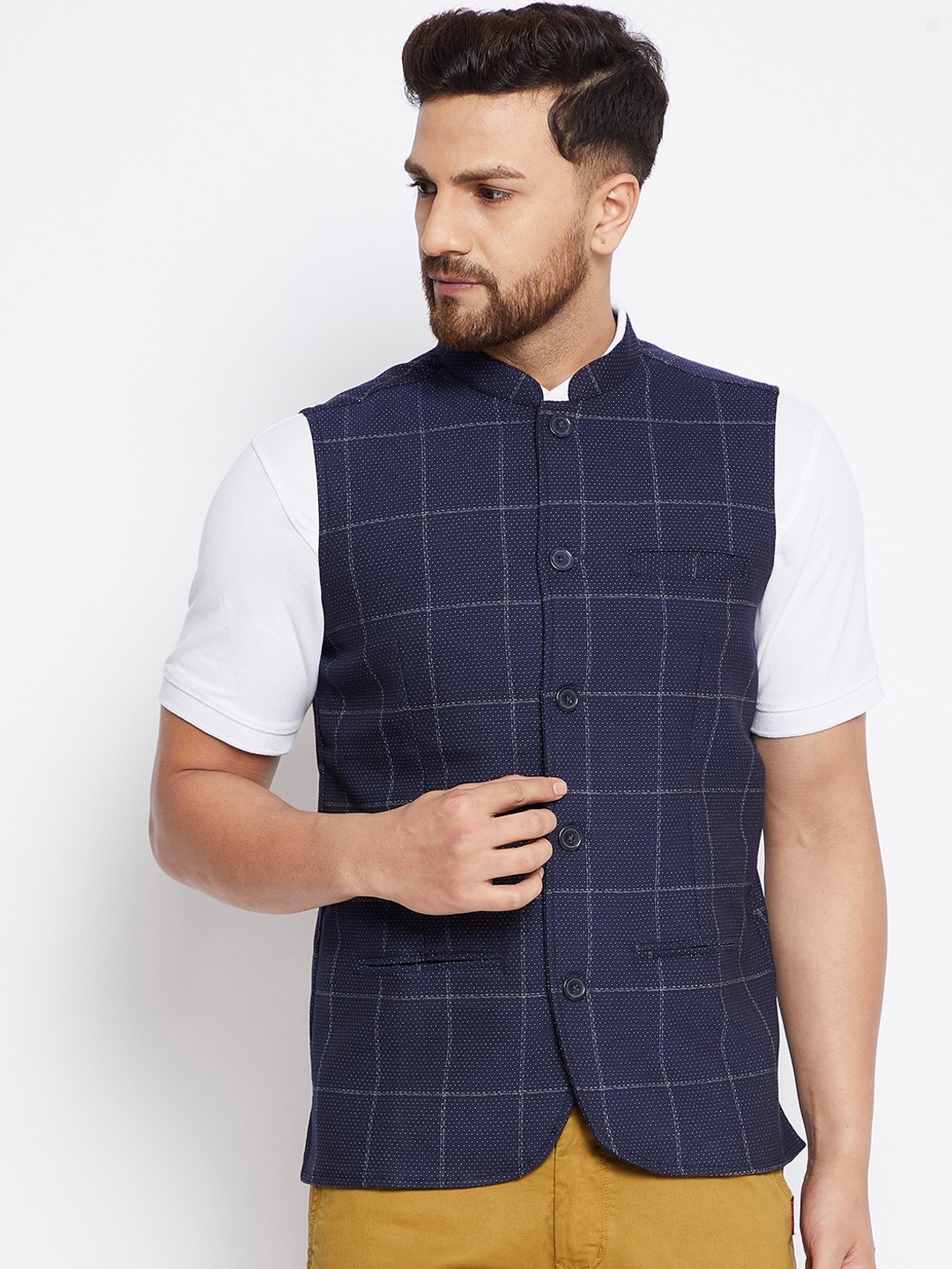 

even Men Navy Blue & Grey Checked Woven Nehru Jacket