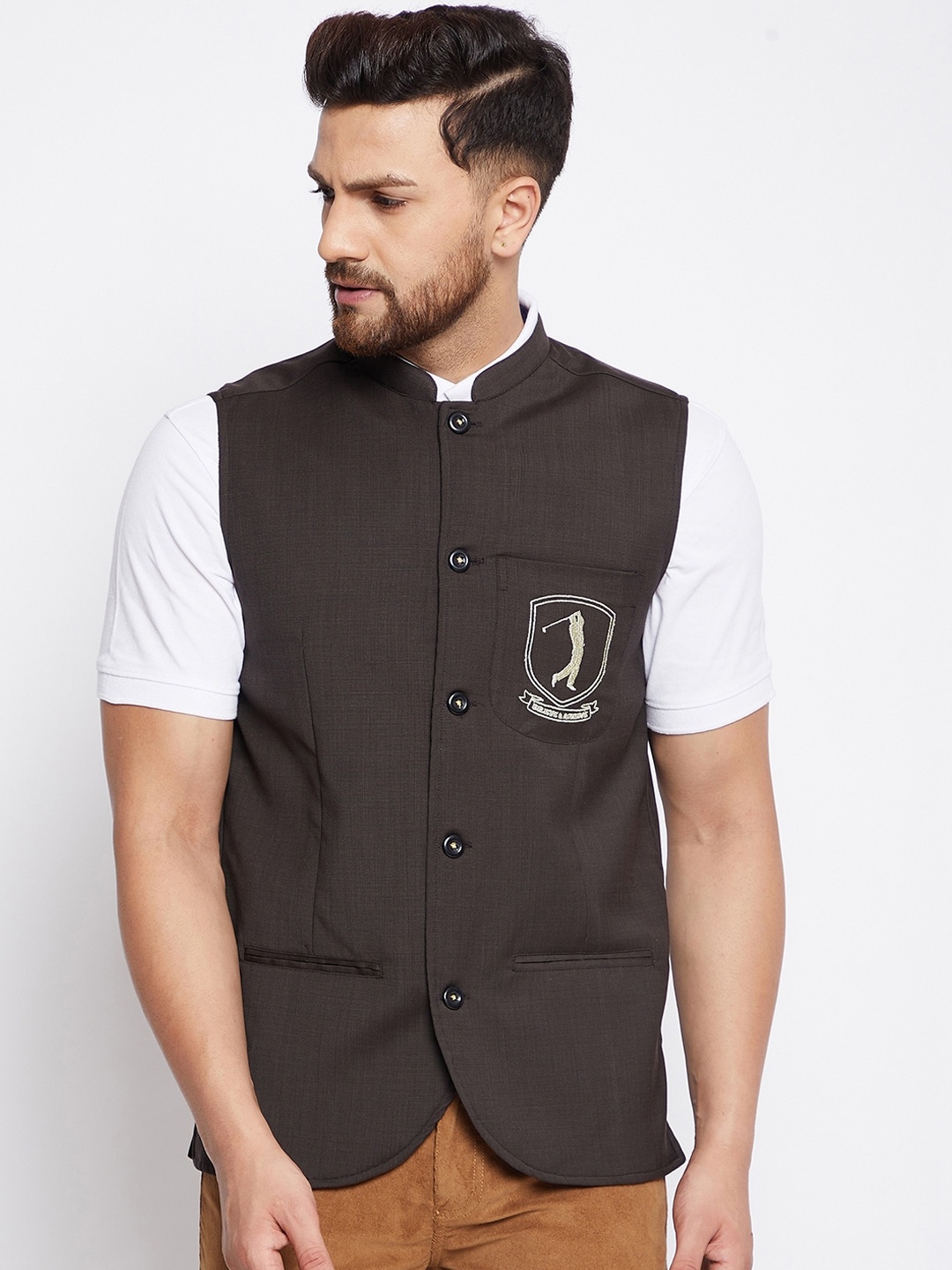 

even Men Brown Solid Woven Nehru Jacket