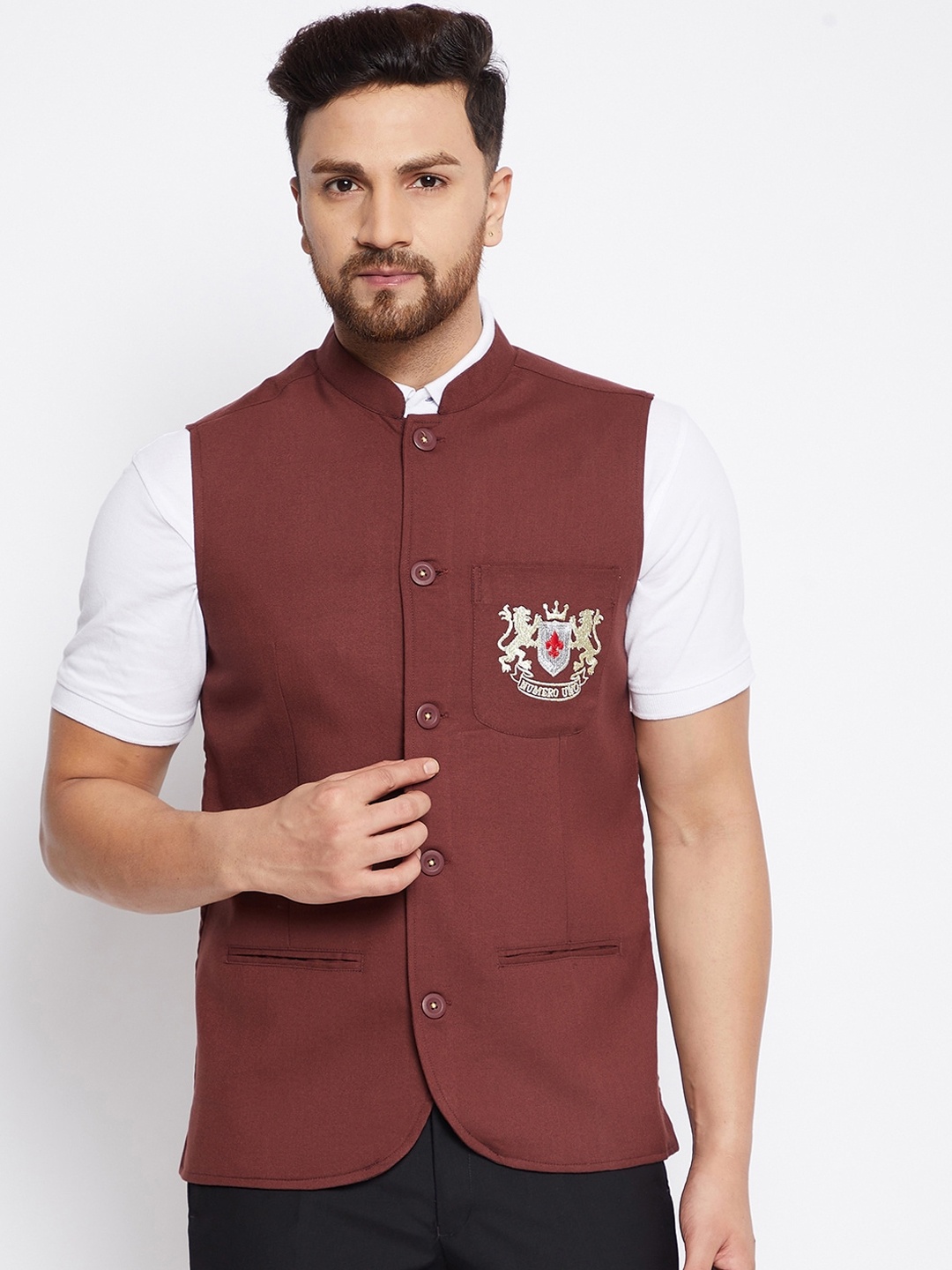 

even Men Maroon Solid Woven Nehru Jacket