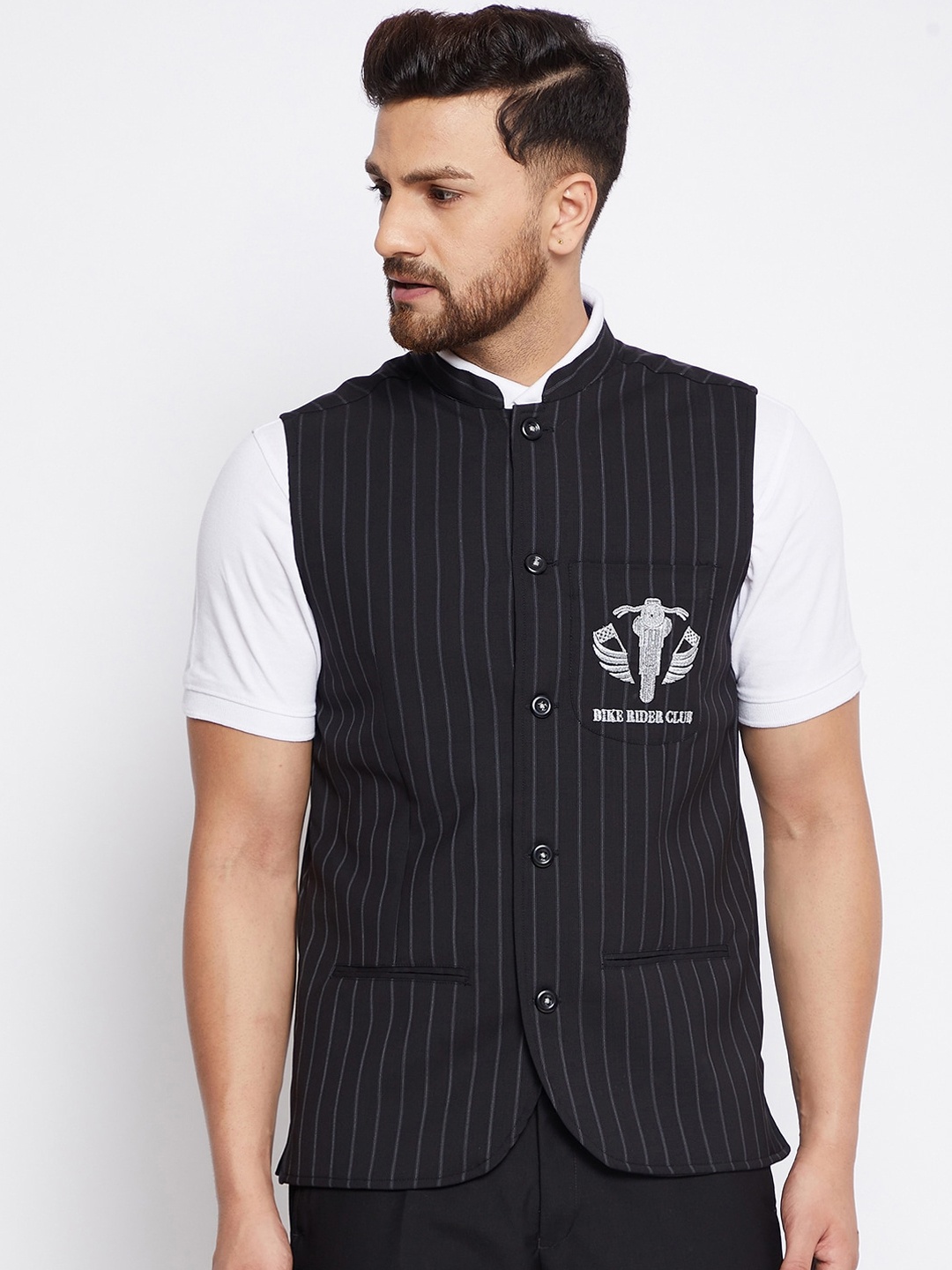 

even Men Black & Grey Striped Woven Nehru Jacket