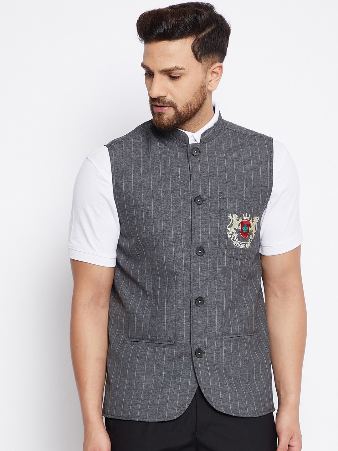 

even Men Grey Striped Woven Nehru Jacket