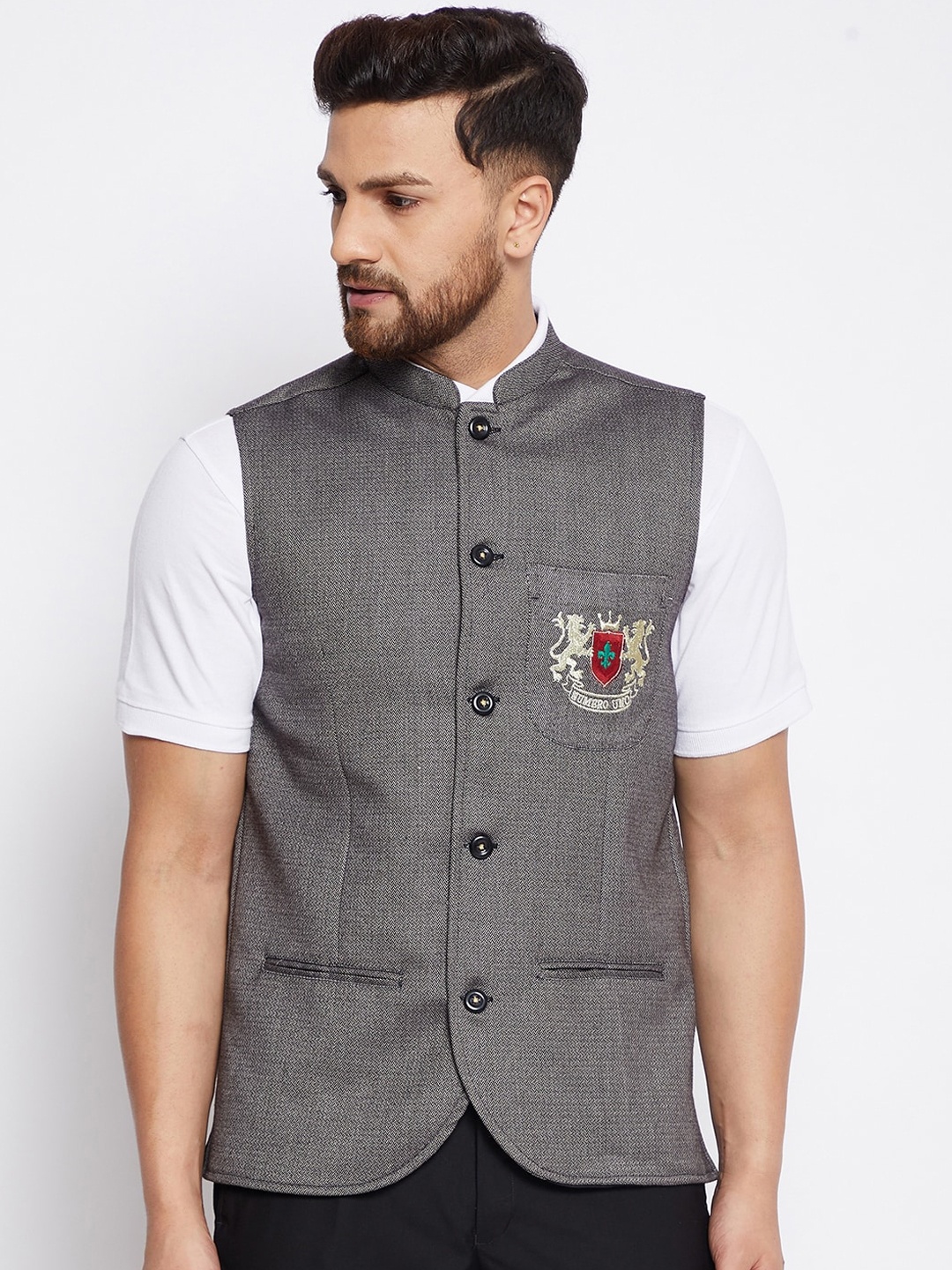 

even Men Grey Woven Design Pure Woolen Nehru Jacket