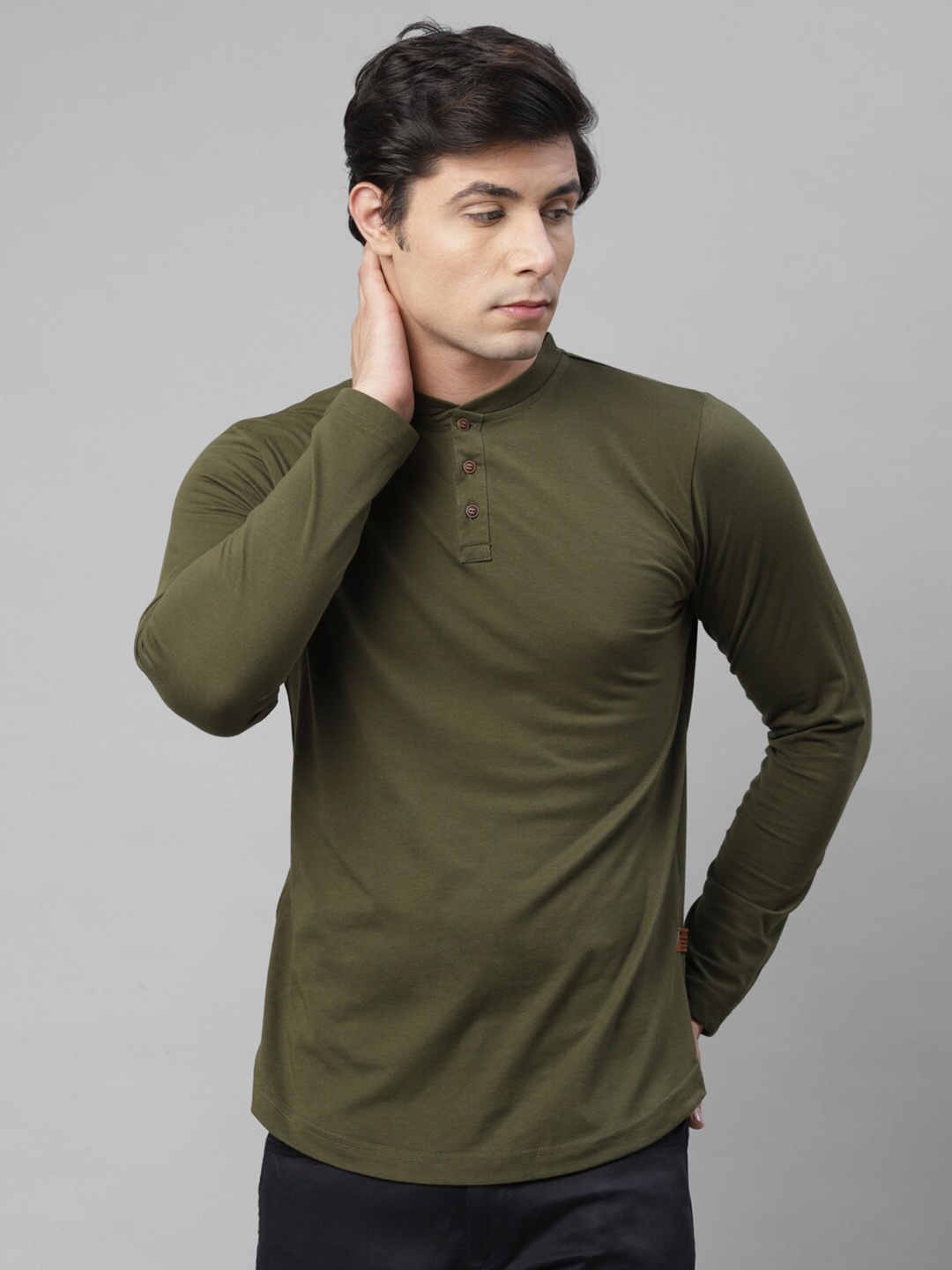 

Rigo Men Olive Green Henley Neck Slim Fit T-shirt