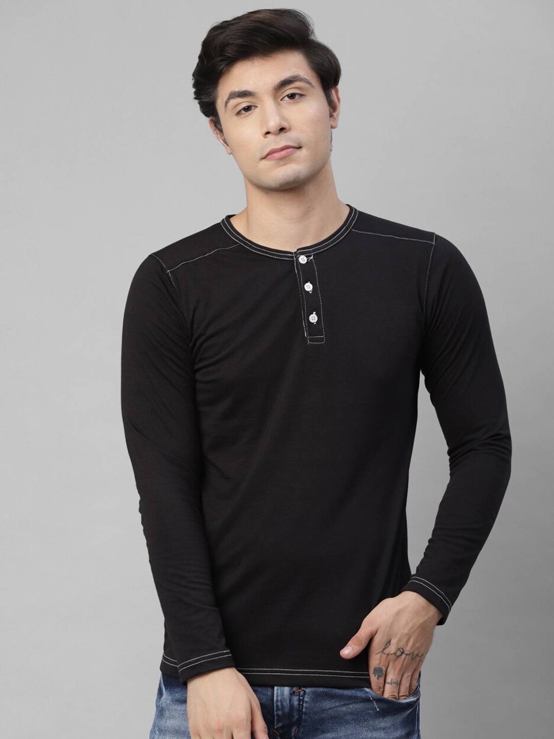 

Rigo Men Black Henley Neck Slim Fit Cotton T-shirt