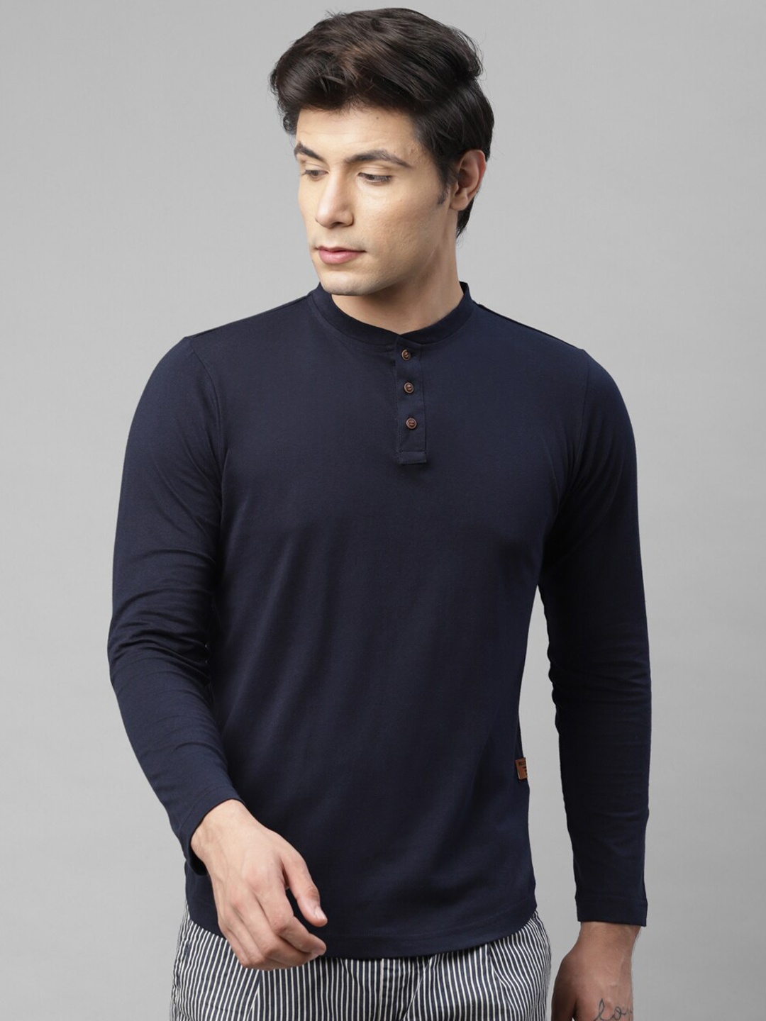 

Rigo Men Navy Blue Henley Neck Slim Fit Cotton T-shirt