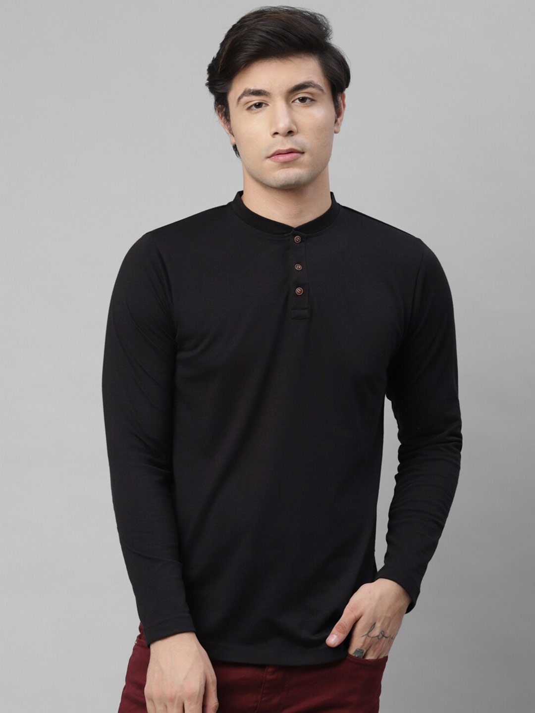 

Rigo Men Cotton Black Solid Henley Neck Slim Fit Long Sleeve T-shirt