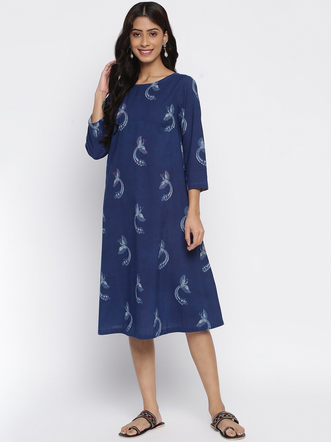 

Fabindia Women Navy Blue & Off White Ethnic Motifs Cotton A-Line Midi Dress