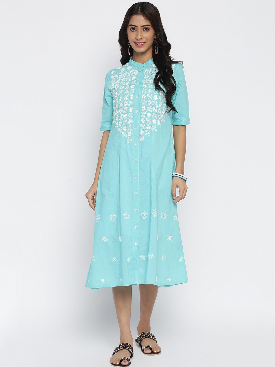 

Fabindia Blue & White Ethnic Motifs Embroidered A-Line Midi Dress