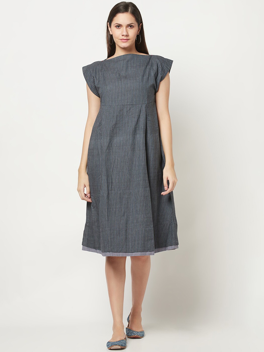 

Fabindia Blue & Black Striped A-Line Dress