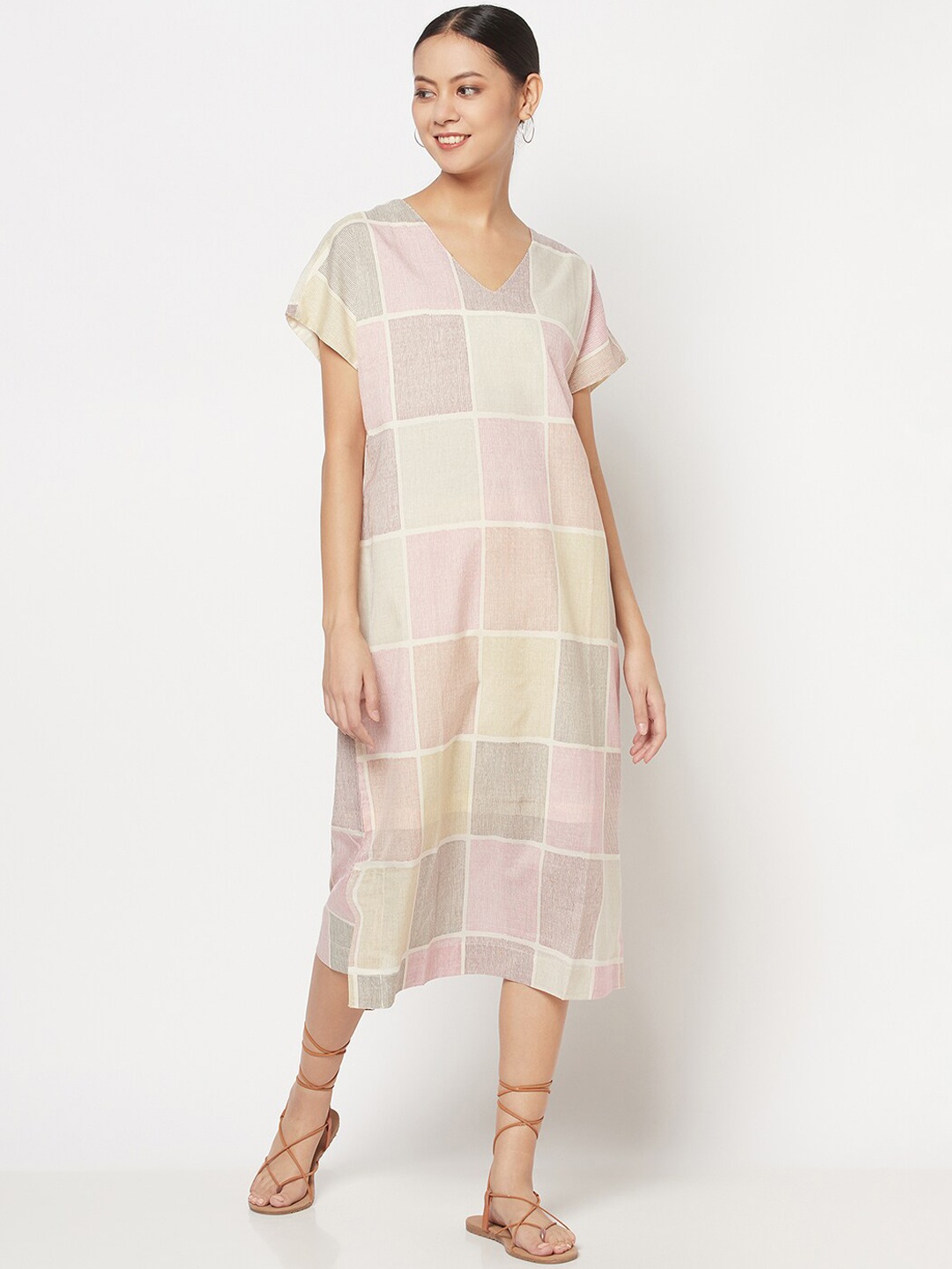 

Fabindia Women Beige & Pink Checked Cotton A-Line Midi Dress