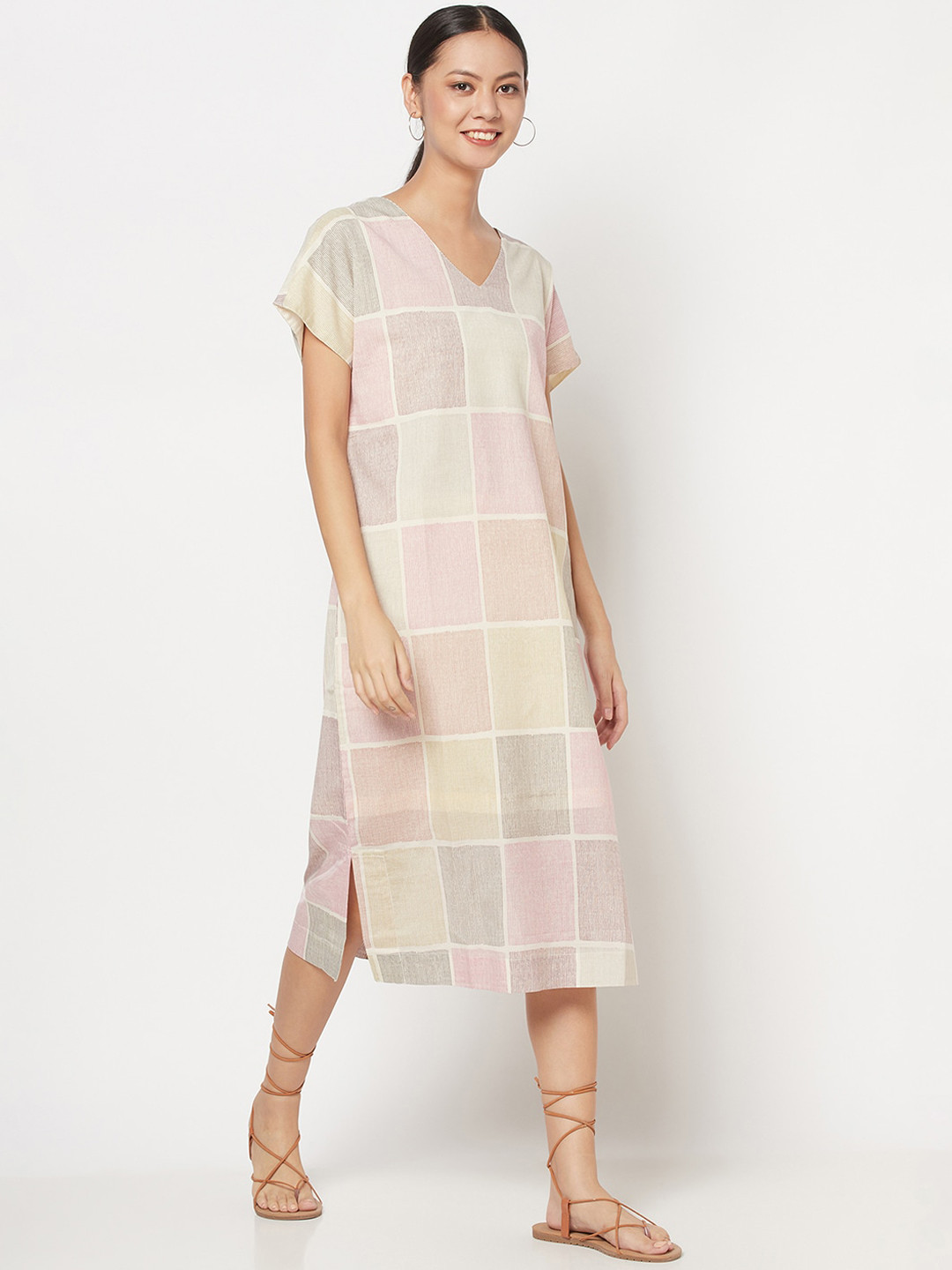 

Fabindia Cream-Coloured & Pink Checked A-Line Midi Dress