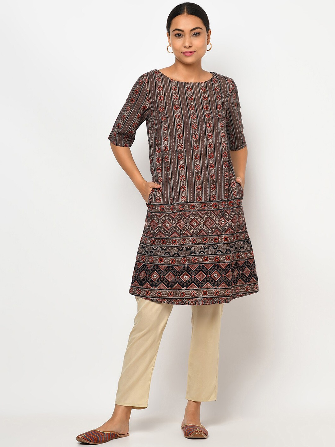 

Fabindia Brown & Black Ethnic Motifs A-Line Dress