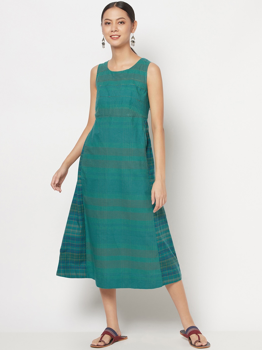 

Fabindia Green Checked A-Line Midi Dress