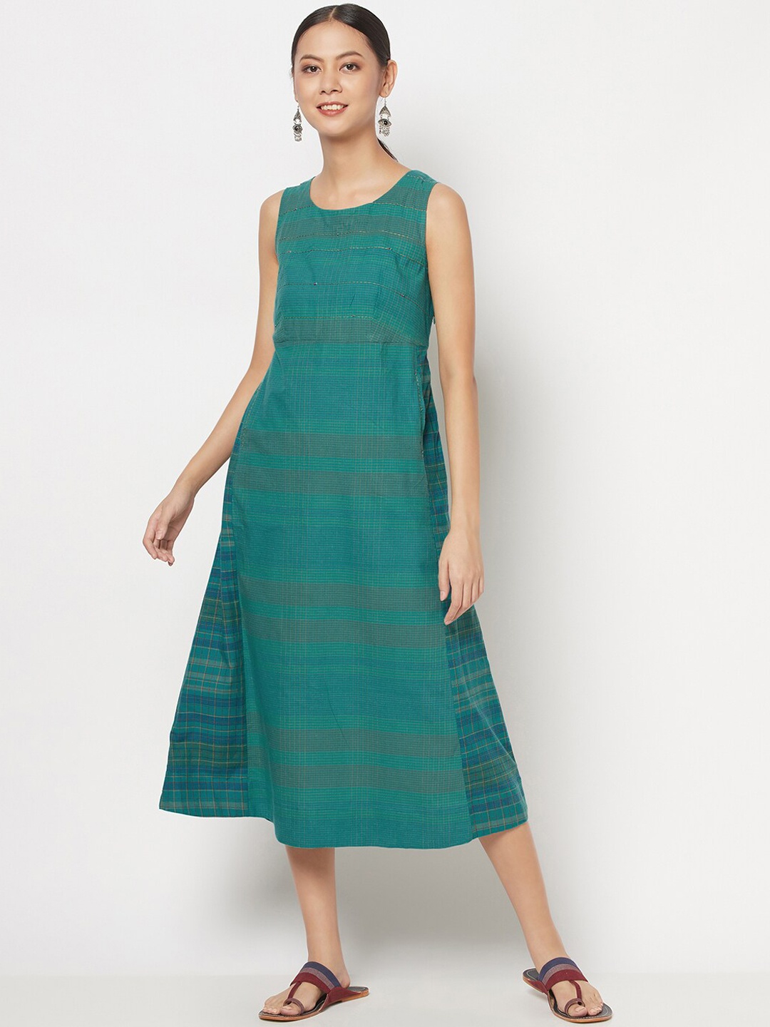 

Fabindia Teal Checked A-Line Midi Dress