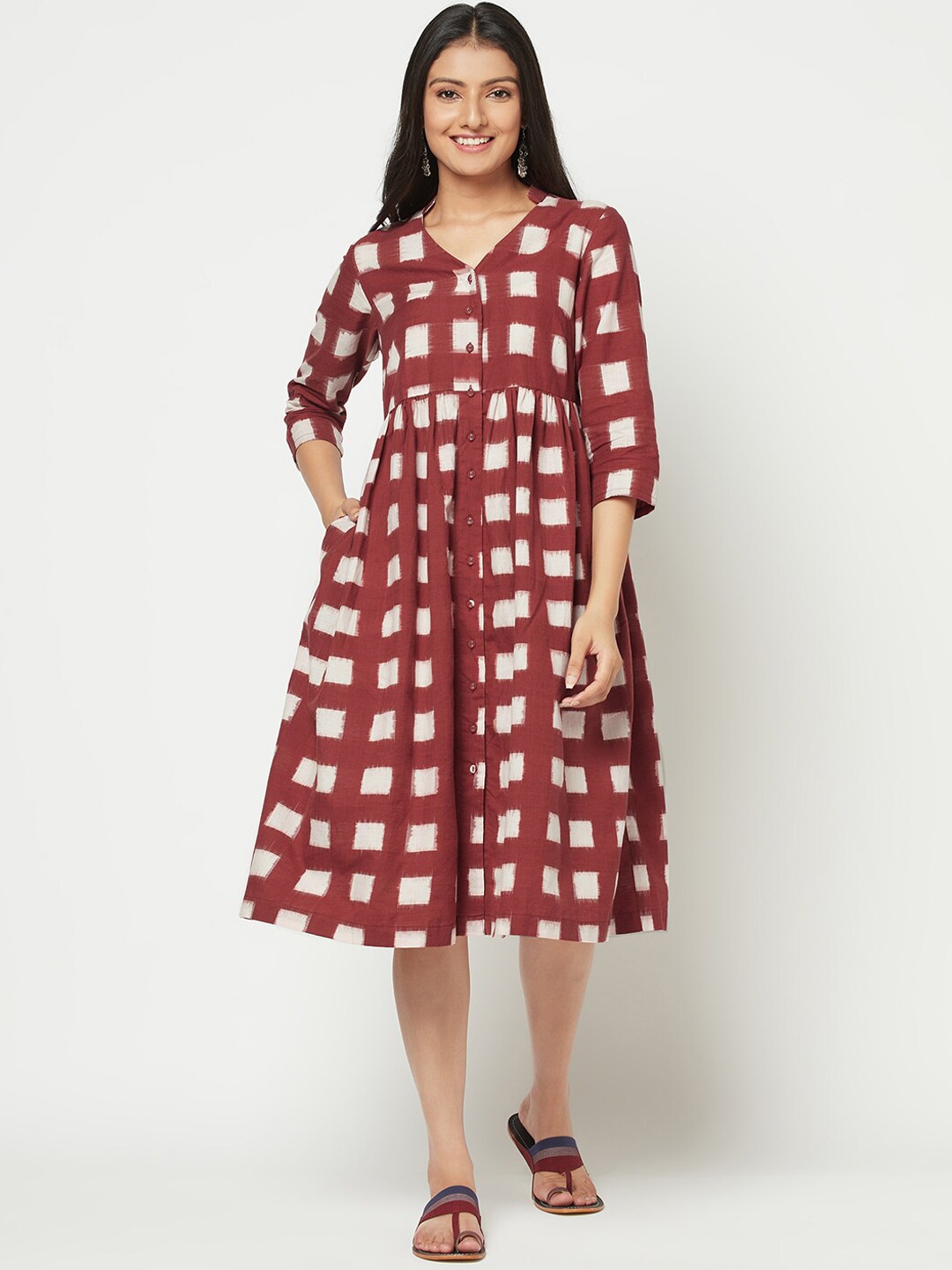 

Fabindia Maroon & White Ikat Fit And Flare Cotton Dress