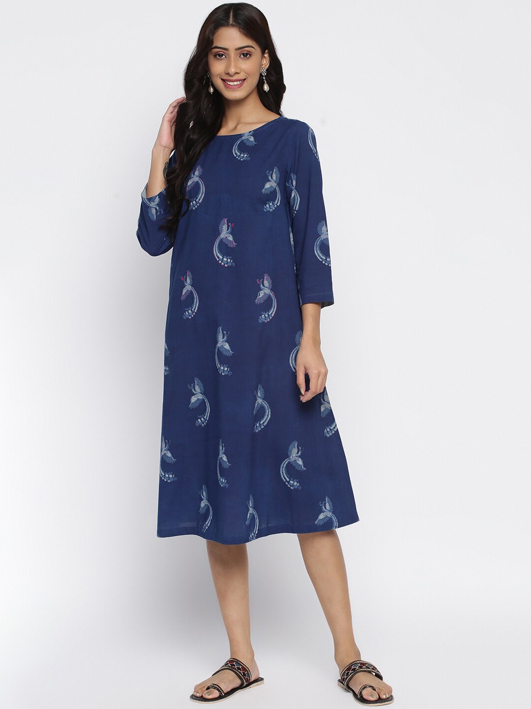 

Fabindia Navy Blue Cotton A-Line Midi Dress