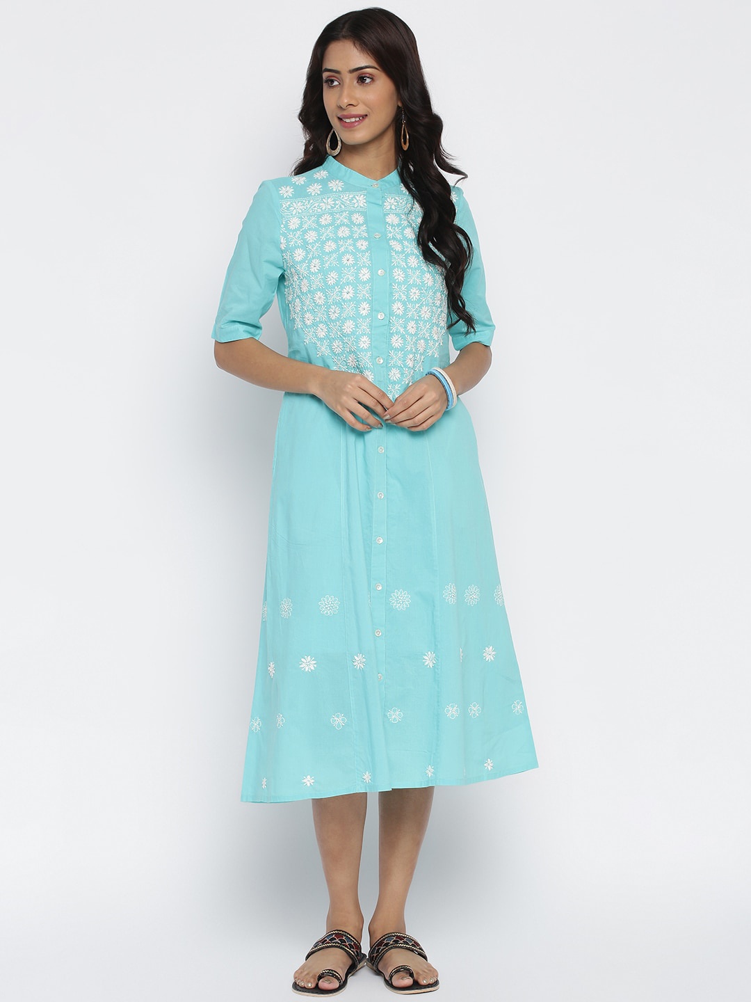 

Fabindia Blue Ethnic Motifs Embroidered Cotton A-Line Midi Dress
