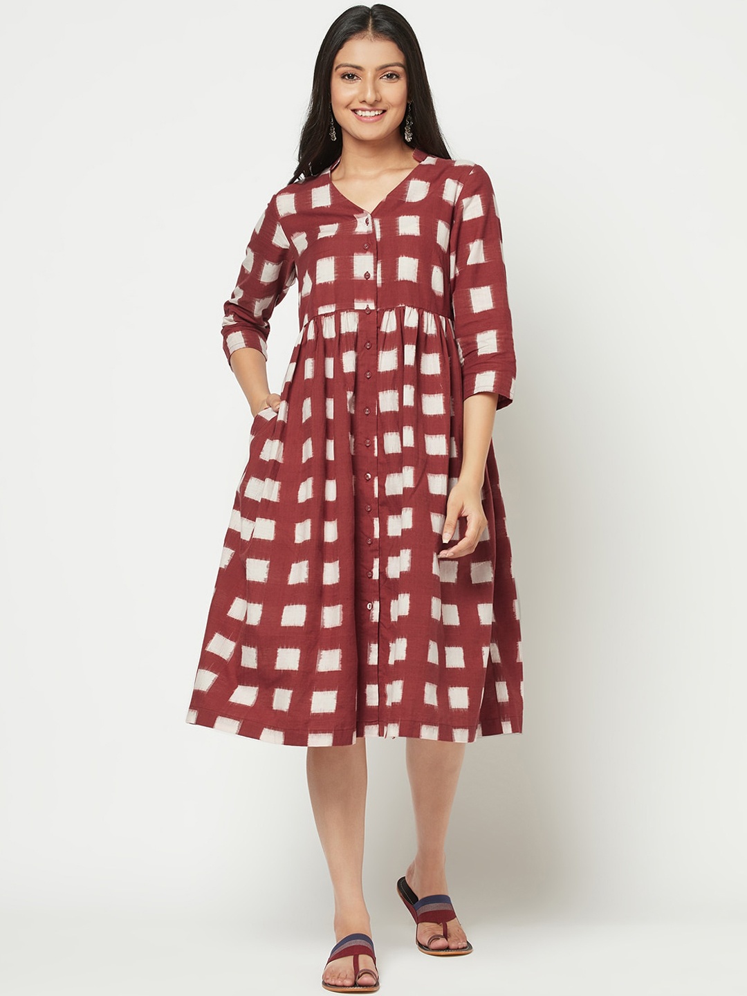 

Fabindia Maroon & White Printed Fit & Flare Dress