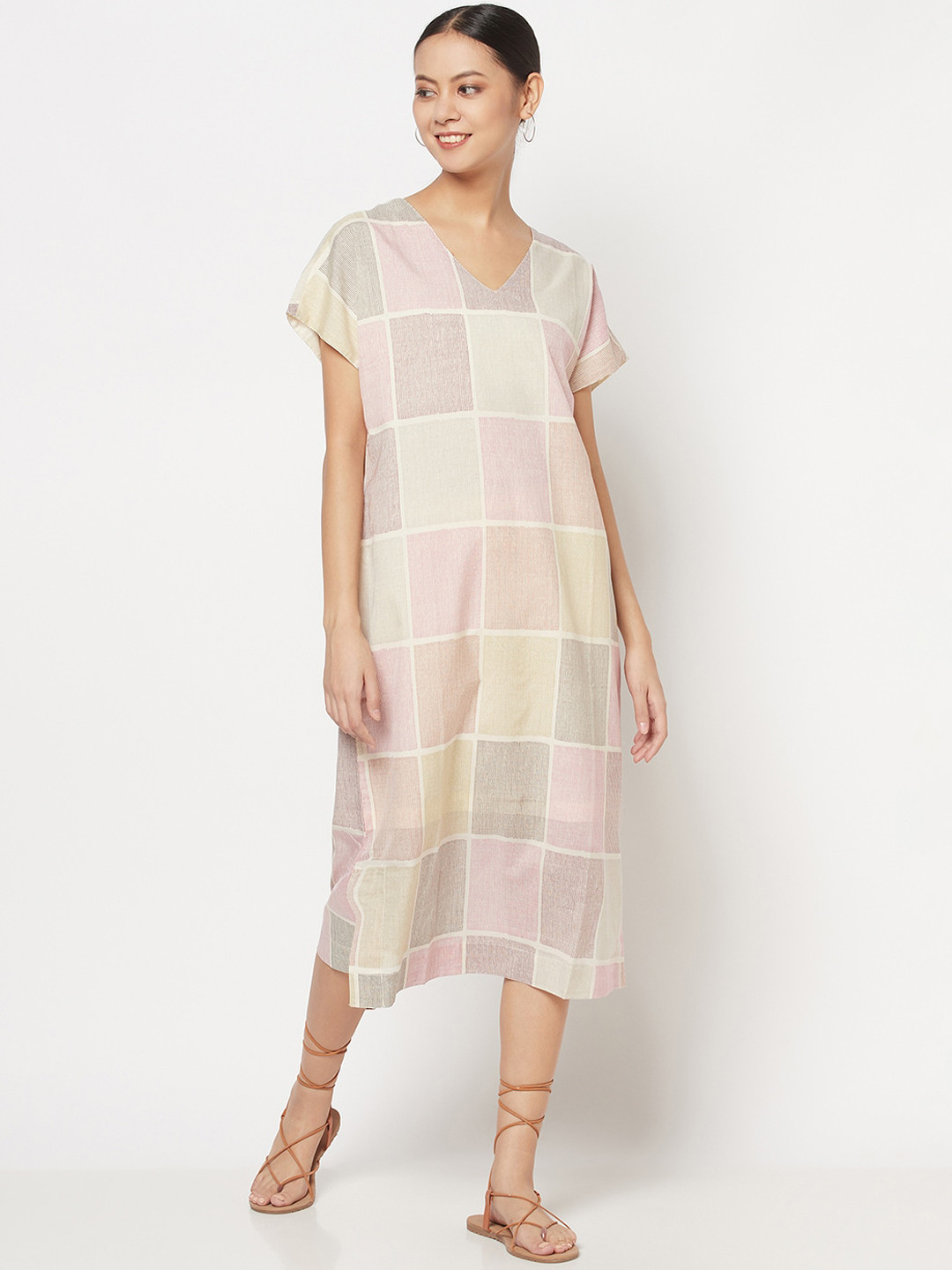 

Fabindia Cream-Coloured & Pink Checked A-Line Cotton Midi Dress