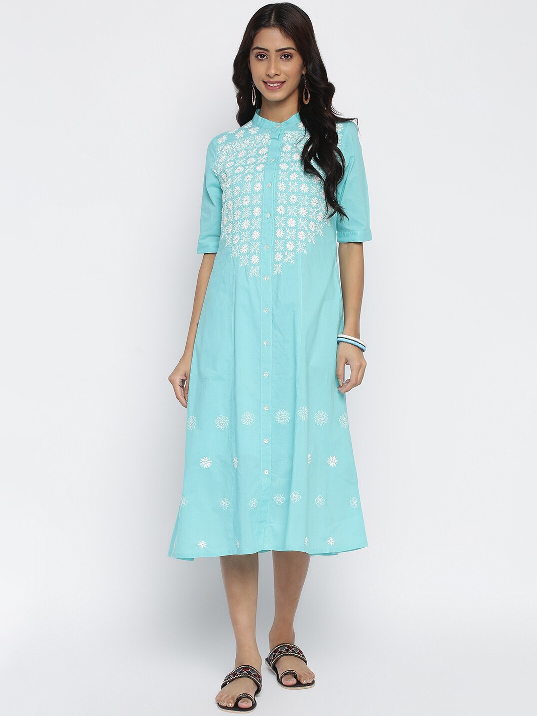 

Fabindia Blue & White Ethnic Motifs Embroidered Layered A-Line Midi Dress