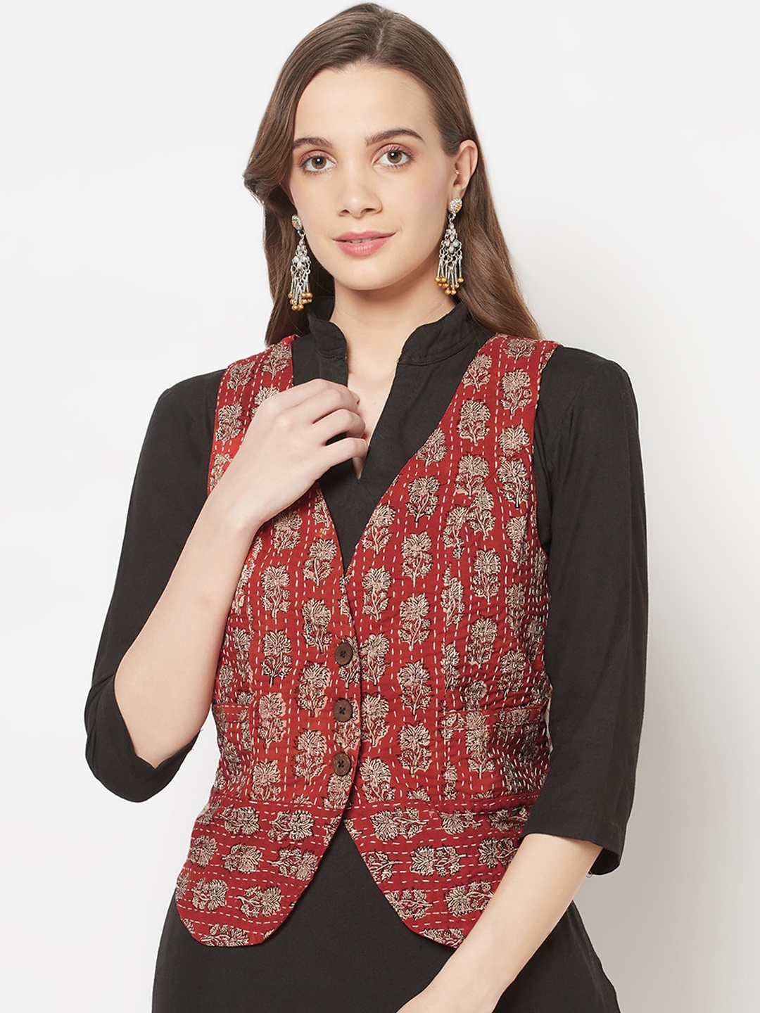 

Fabindia Women Red Floral Tailored Jacket
