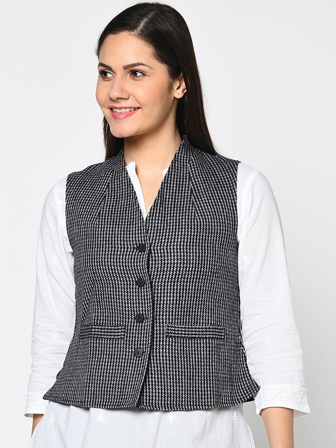 

Fabindia Women Blue & White Woven Designed Tailored Jacket