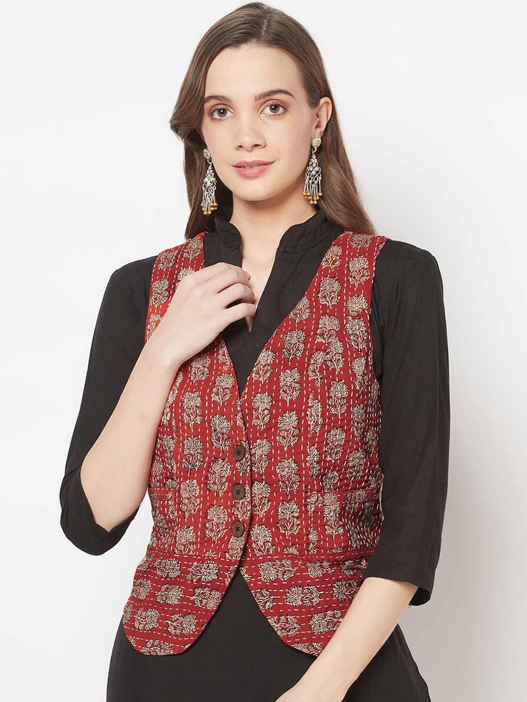 

Fabindia Women Red Beige Floral Tailored Jacket