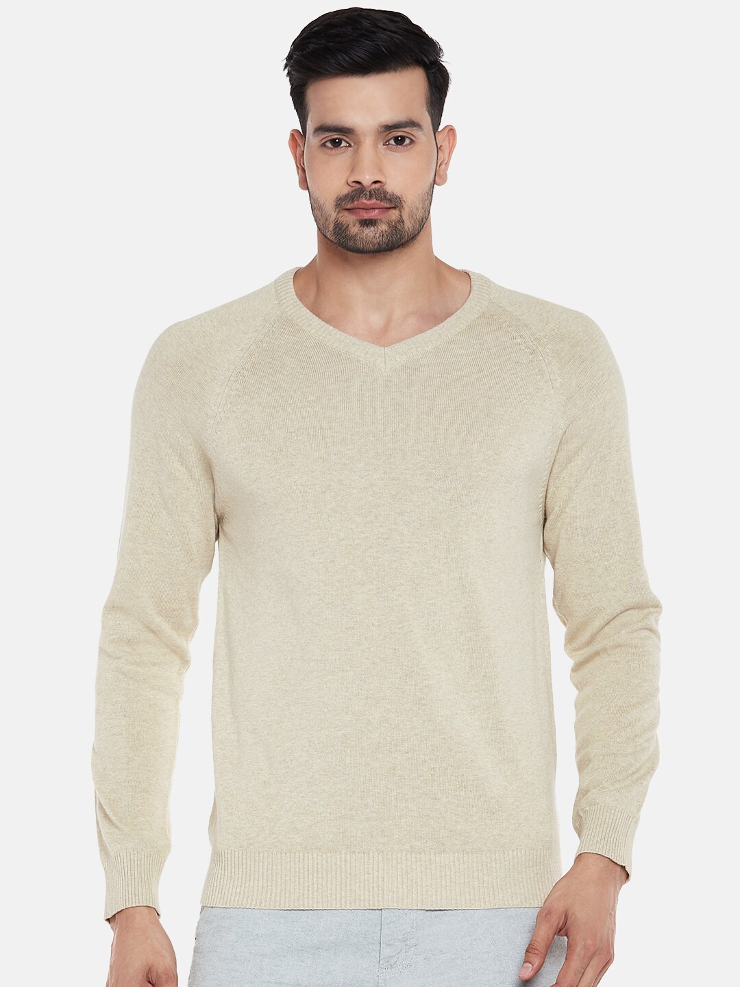 

BYFORD by Pantaloons Men Beige Pure Cotton Pullover Sweater