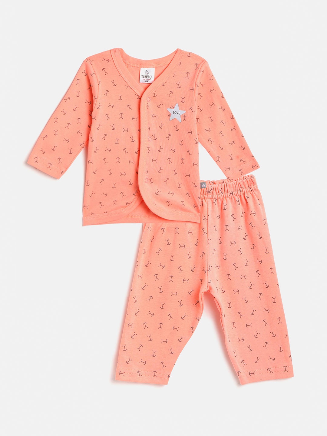 

TINYO Infant Peach-Coloured & Grey Anchor Printed Cotton Jhabla with Pyjamas