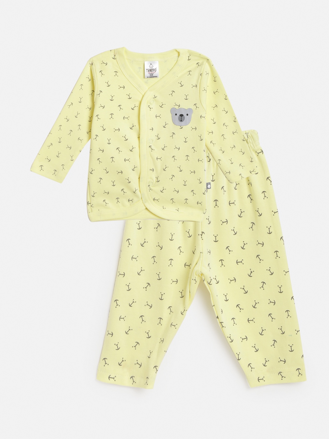 

TINYO Infant Yellow & Charcoal Grey Anchor Print Cotton Jhabla with Pyjamas