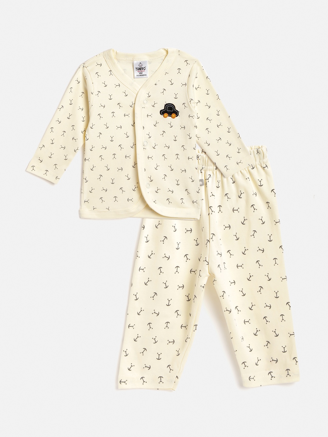 

TINYO Infant Cream-Coloured & Grey Anchor Print Cotton Jhabla with Pyjamas