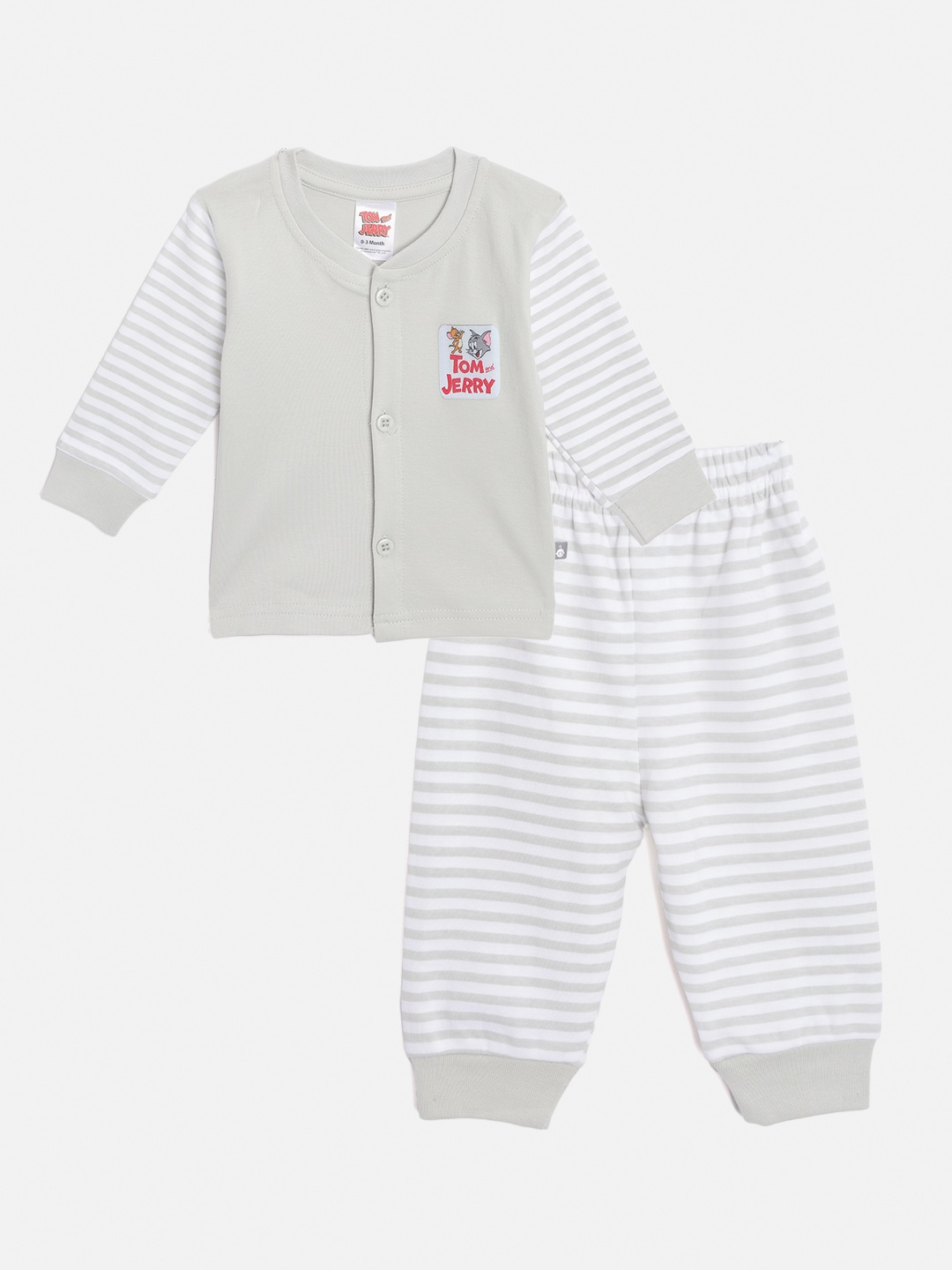 

TINYO Infant Boys Grey & White Cotton Tom & Jerry Applique Shirt with Pyjamas
