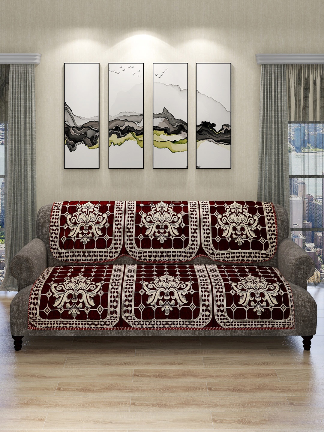 

ROMEE Set Of 6 Maroon & Beige Self-Design 5 Seater Sofa Covers