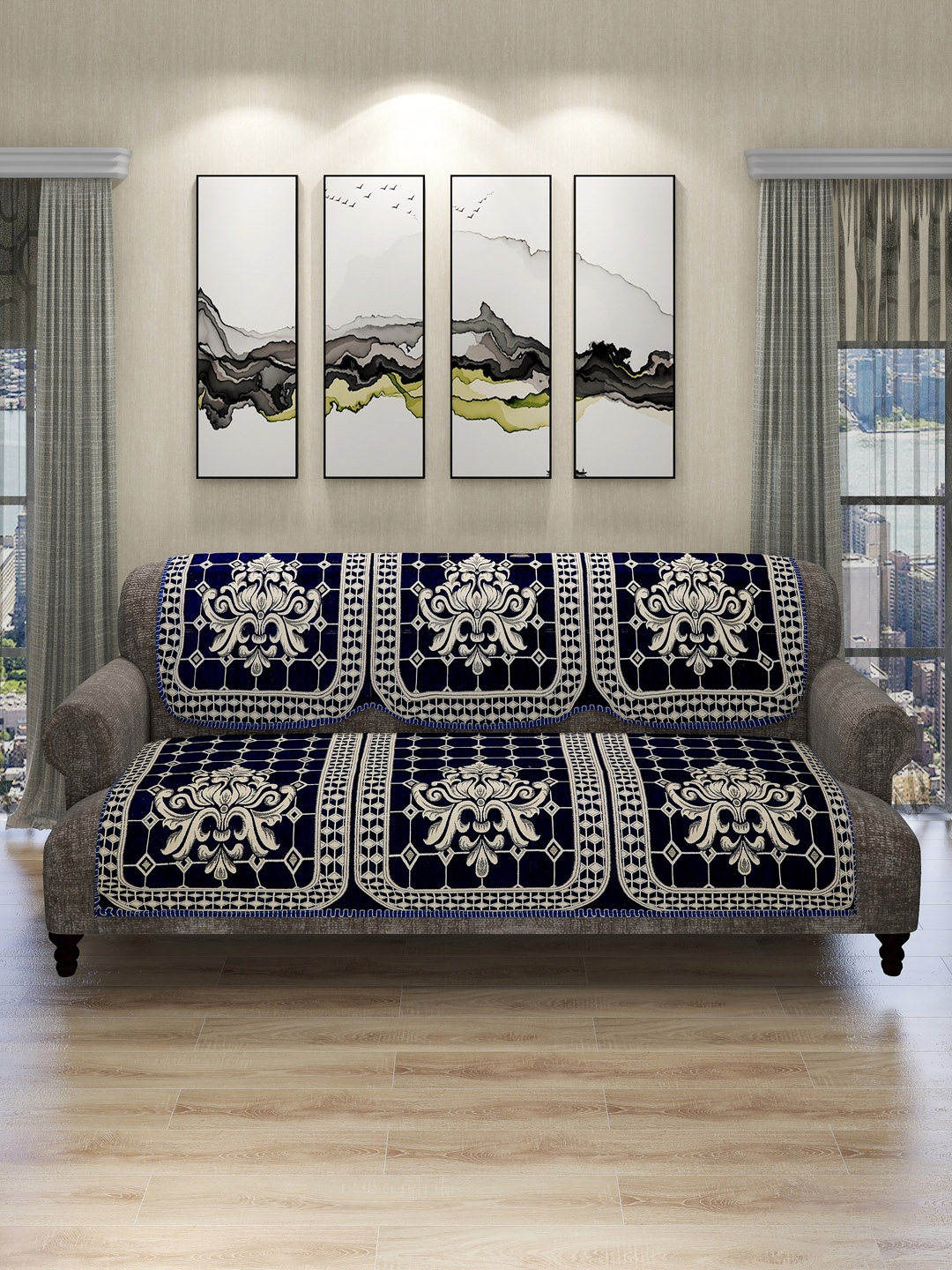 

ROMEE 6 Pieces Navy Blue & Beige Printed 5-Seater Sofa Cover