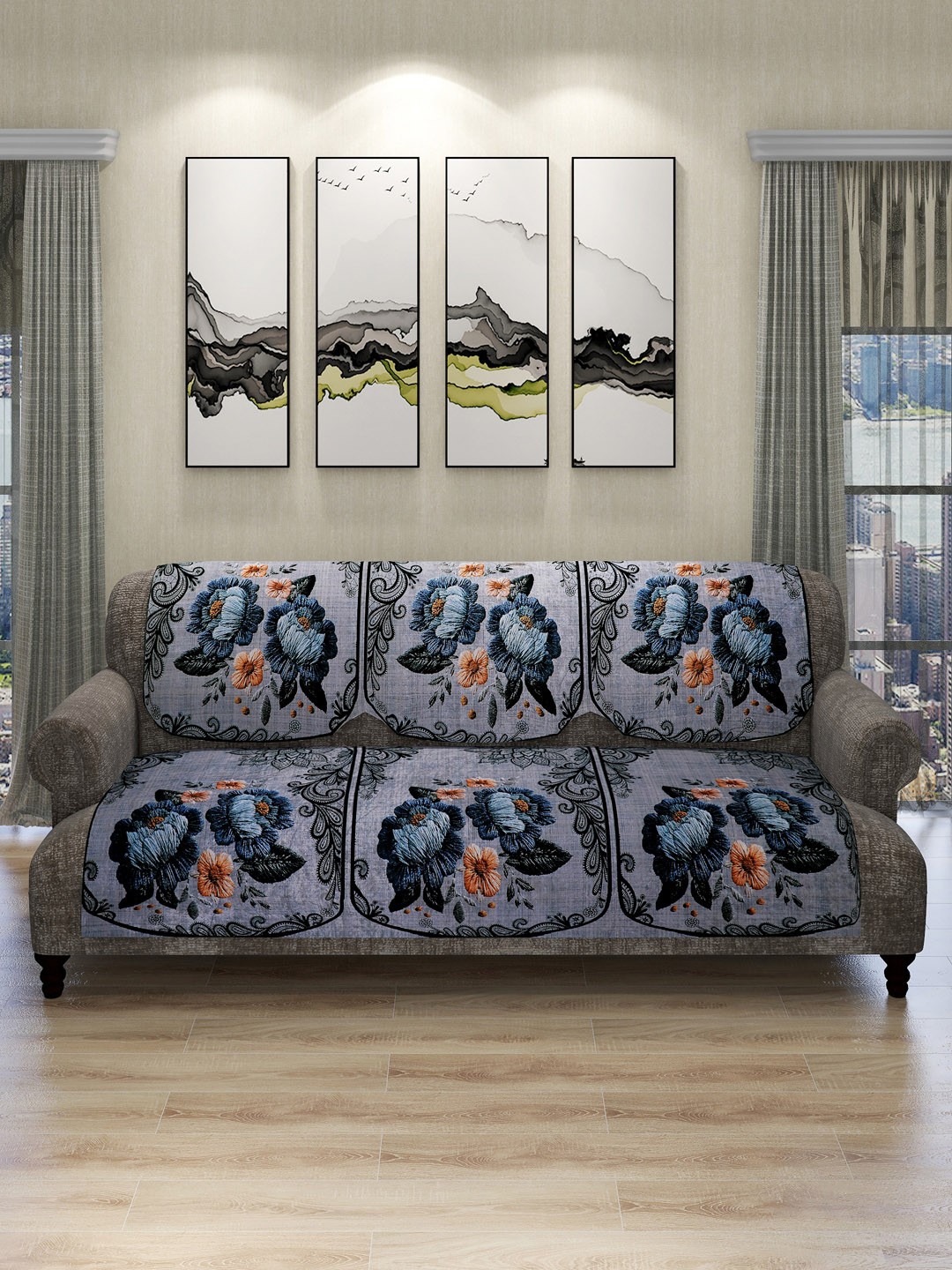 

ROMEE 6 Pieces Blue & Grey Floral Printed 5-Seater Sofa Cover