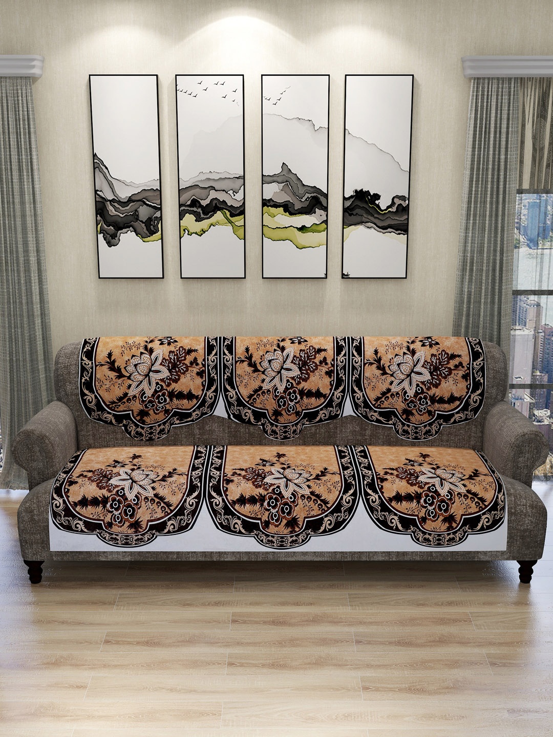 

ROMEE Set Of 6 Brown & Beige Printed Floral Design 5-Seater Sofa Covers