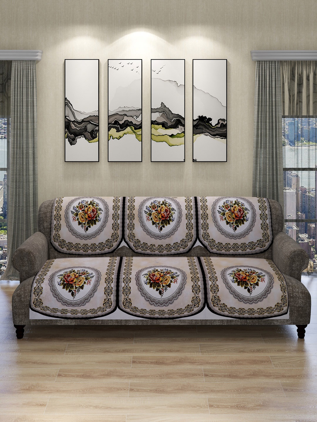 

ROMEE 6 Pieces Beige & Brown Floral Design 5-Seater Sofa Cover