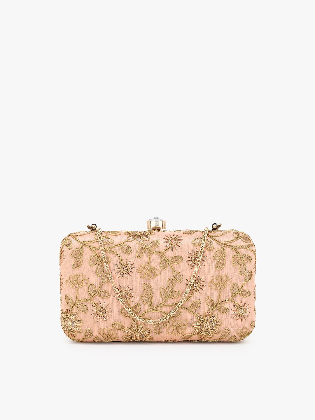 

Anekaant Women Peach & Gold Floral Embroidered Box Clutch