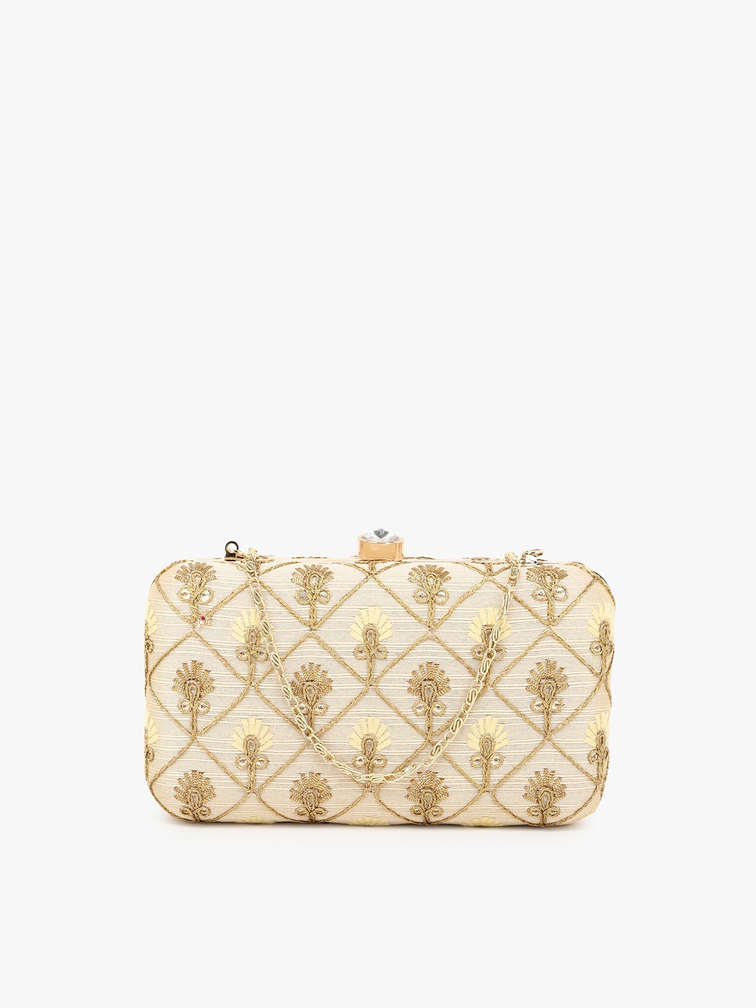 

Anekaant Women Gold Embroidered Box Clutch
