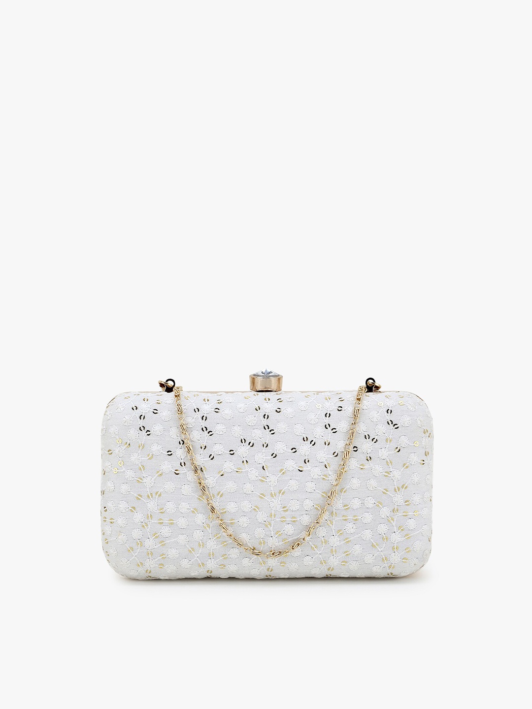 

Anekaant White & Gold-Toned Embroidered Sequinned Box Clutch