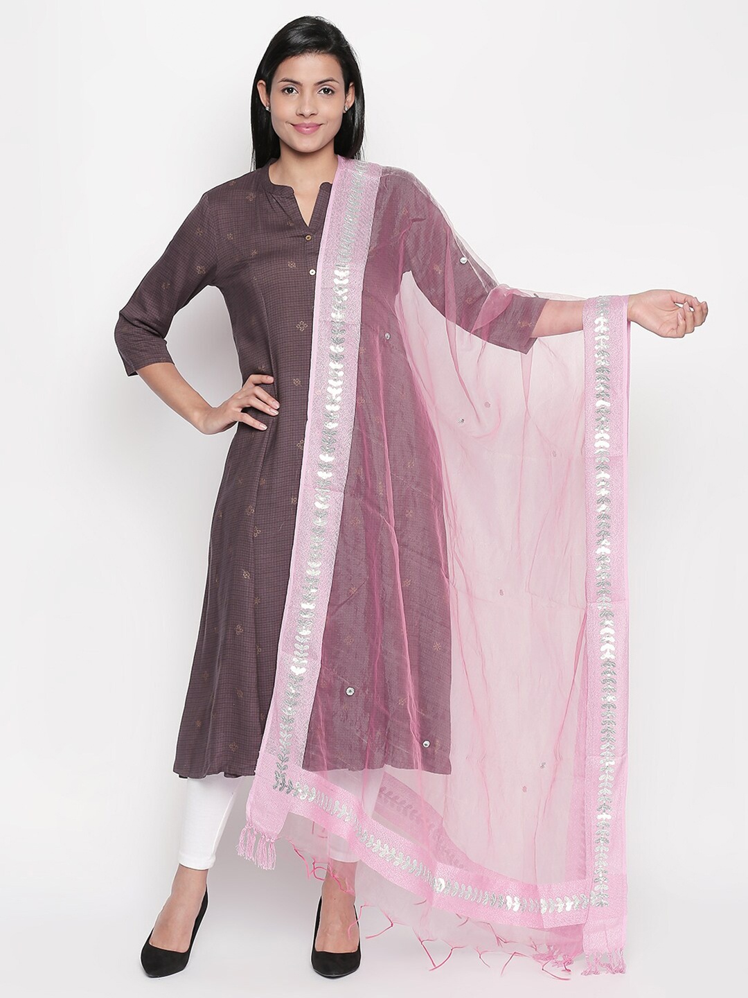

RANGMANCH BY PANTALOONS Women Pink & Silver-Toned Embellished Dupatta