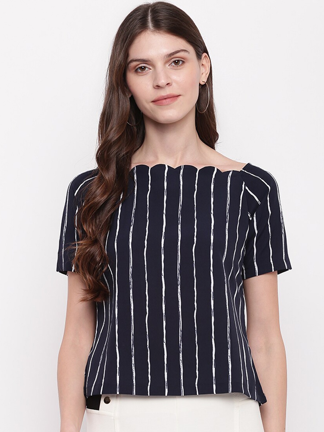 

Mayra Navy Blue & White Striped Regular Top