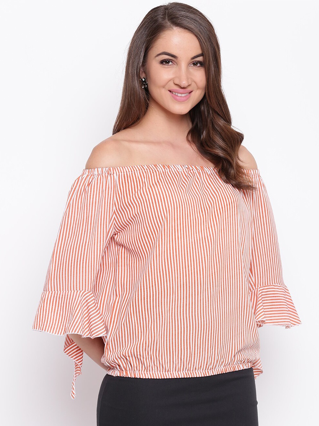 

Mayra Peach-Coloured & White Striped Off-Shoulder Bardot Top